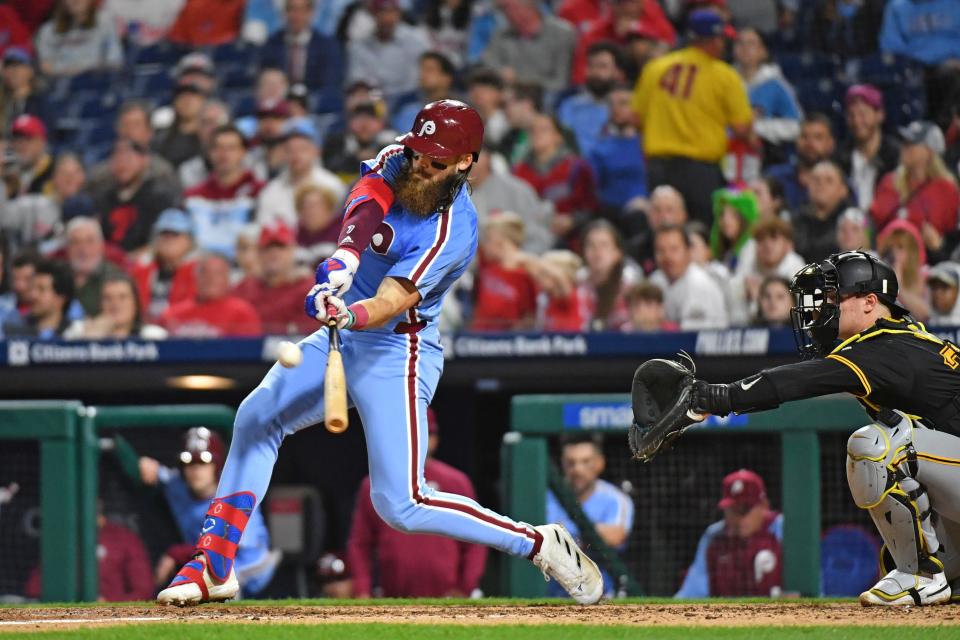 Philadelphia Phillies outfielder Brandon Marsh hits a two-run home run against the Pittsburgh Pirates during the seventh inning Thursday, Apr 14, 2024, at Citizens Bank Park in Philadelphia.