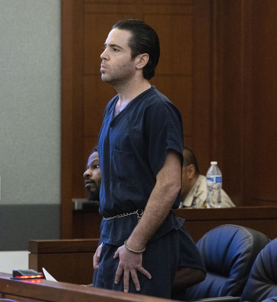 Matthew Mannix, accused of holding a woman hostage and throwing furniture out of a Caesars Palace hotel room, appears in court during his sentencing at the Regional Justice Center, on Thursday, Sept. 28, 2023, in Las Vegas. (Bizuayehu Tesfaye/Las Vegas Review-Journal via AP)