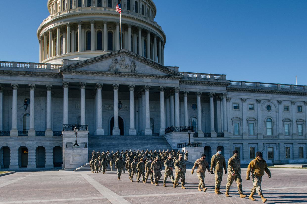<p>File Image: National Guard Citizen-soldiers exit after a U.S. Capitol tour on 23 January 2021 in Washington, DC</p> (Getty Images)