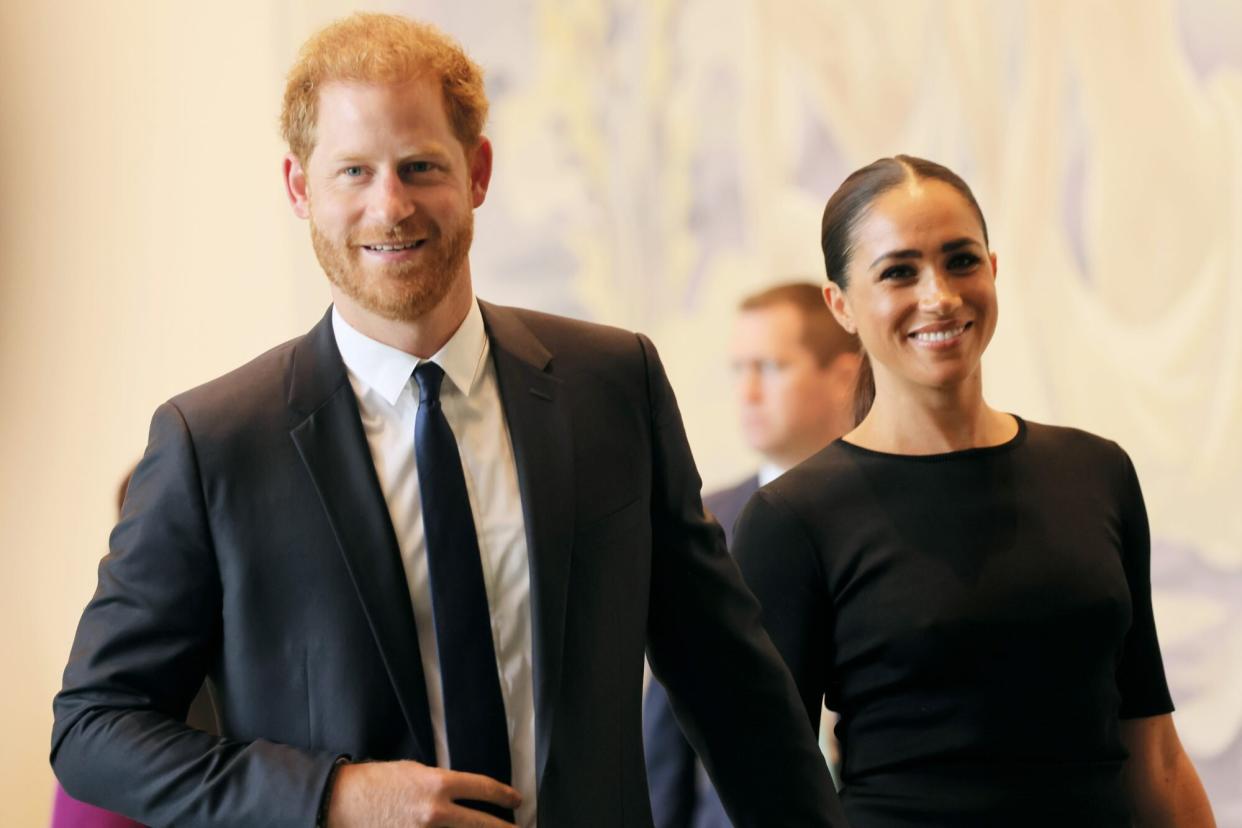 NEW YORK, NEW YORK - JULY 18: Prince Harry, Duke of Sussex and Meghan, Duchess of Sussex arrive at the United Nations Headquarters on July 18, 2022 in New York City. Prince Harry, Duke of Sussex is the keynote speaker during the United Nations General assembly to mark the observance of Nelson Mandela International Day where the 2020 U.N. Nelson Mandela Prize will be awarded to Mrs. Marianna Vardinogiannis of Greece and Dr. Morissanda Kouyaté of Guinea. (Photo by Michael M. Santiago/Getty Images)
