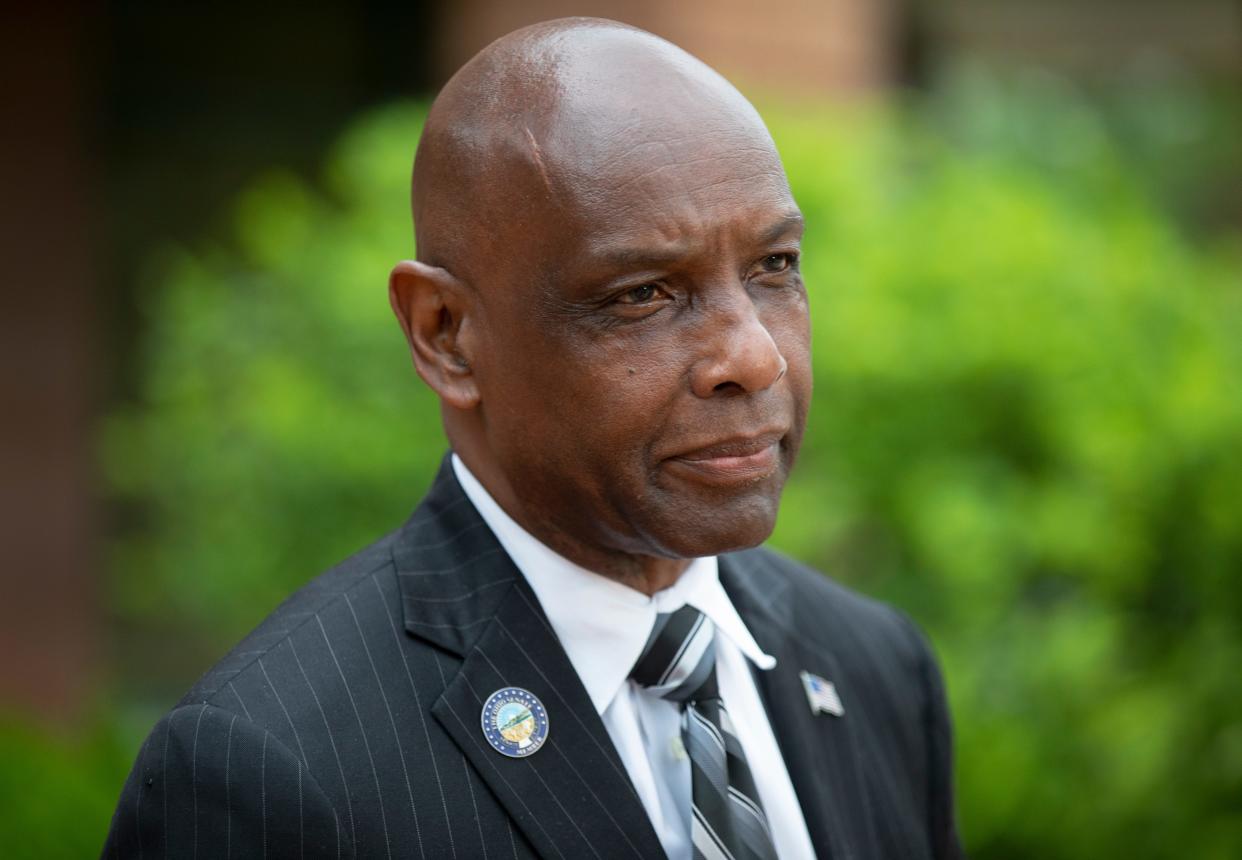 Cecil Thomas, Ohio state senator and candidate for Cincinnati mayor, talks about what change is needed for the city. He was greeting people at the Urban League of Cincinnati in Avondale, May 4, 2021. The May primary includes the Cincinnati mayoral race, along with Issue 3. 