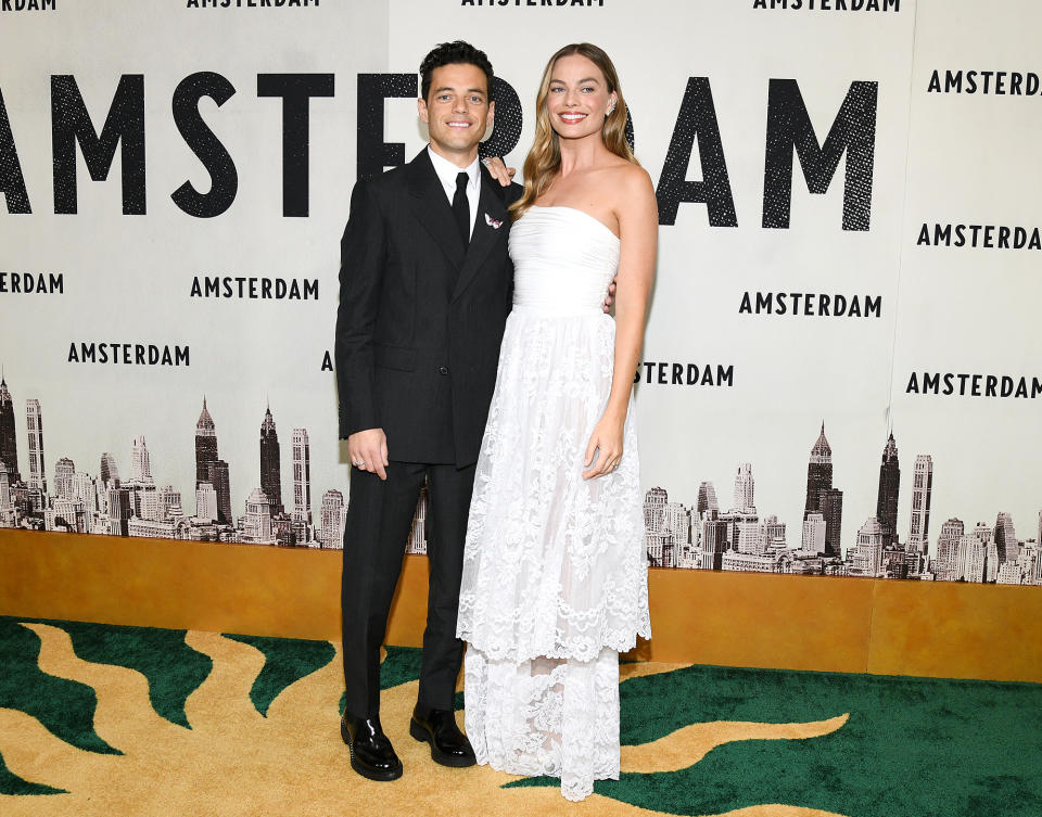 <p>Rami Malek and Margot Robbie stand tall at the world premiere of <em>Amsterdam</em> at Lincoln Center in N.Y.C. </p>