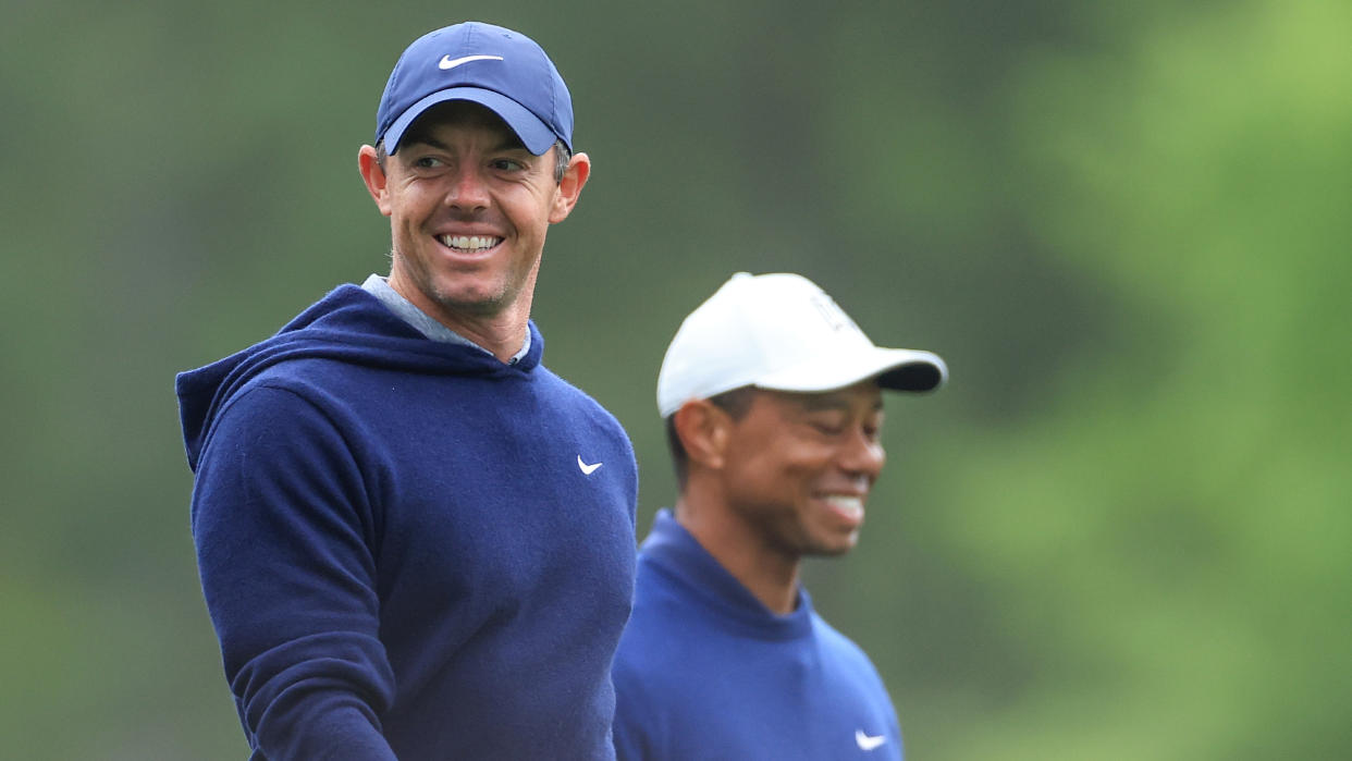  Rory McIlroy and Tiger Woods in a practice round before the 2023 Masters 