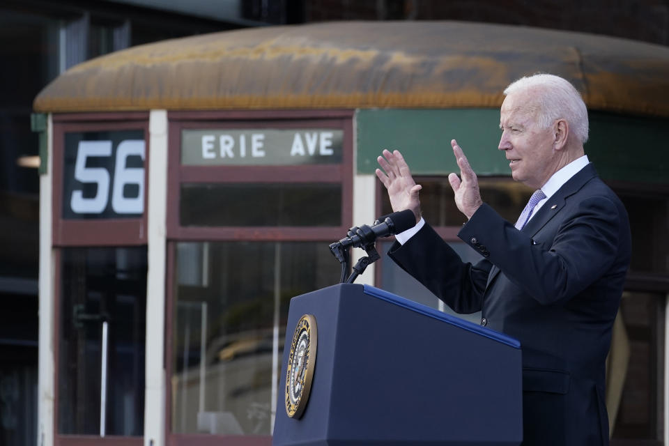 FILE - President Joe Biden speaks about his infrastructure plan and his domestic agenda during a visit to the Electric City Trolley Museum in Scranton, Pa., Oct. 20, 2021. As the challenges confronting Biden intensify, his predictions of a rosy political future for the Democratic Party are growing bolder. The assessments, delivered in speeches, fundraisers and conversations with friends and allies, seem at odds with a country that he acknowledged this week was “really, really down,” burdened by a pandemic, surging gas prices and spiking inflation. (AP Photo/Susan Walsh, File)