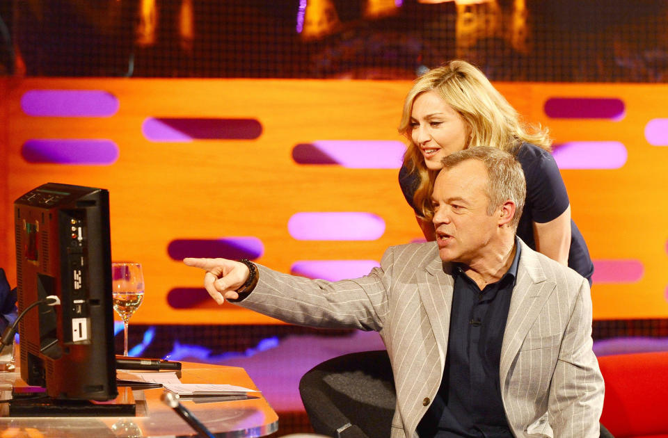 Graham Norton and Madonna during the filming of the Graham Norton Show at The London Studios, south London, to be aired on BBC One on Friday evening.