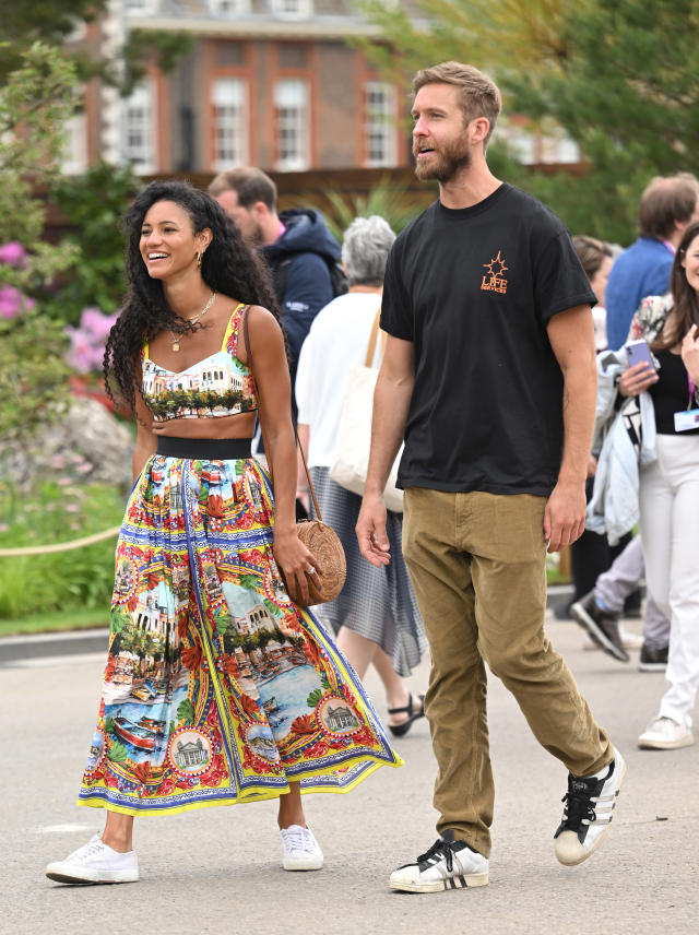 Whirlwind romance: Vick Hope was seen with a sparkler on her ring finger at the Chelsea Flower Show with Calvin Harris. (Getty Images)