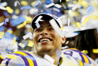 ATLANTA, GA - DECEMBER 03: Tyrann Mathieu #7 of the LSU Tigers celebrates after earning the MVP trophy in their 42-10 win over the Georgia Bulldogs during the 2011 SEC Championship Game at Georgia Dome on December 3, 2011 in Atlanta, Georgia. (Photo by Kevin C. Cox/Getty Images)