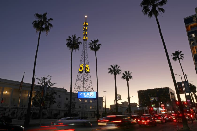 LOS ANGELES, CA - FEBRUARY 07: KTLA Channel 5 transmission tower, at Sunset and Bronson, on Monday, Feb. 7, 2022 in Los Angeles, CA. The 75th anniversary of KTLA, Los Angeles' original television station. (Gary Coronado / Los Angeles Times)