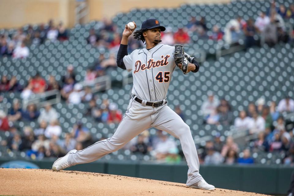 Detroit Tigers starting pitcher Elvin Rodriguez (45) delivers a pitch during the first inning against the Minnesota Twins at Target Field.