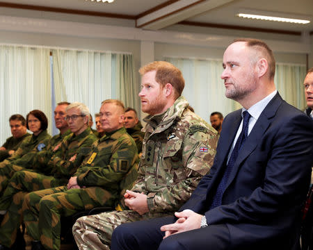 Britain's Prince Harry, Captain General of the Royal Marines and Duke of Sussex, visits Commando Helicopter Force on Exercise Clockwork at Royal Norwegian Air Force Station Bardufoss, Norway February 14, 2019. Royal Navy/Phot JJ Massey Handout via REUTERS