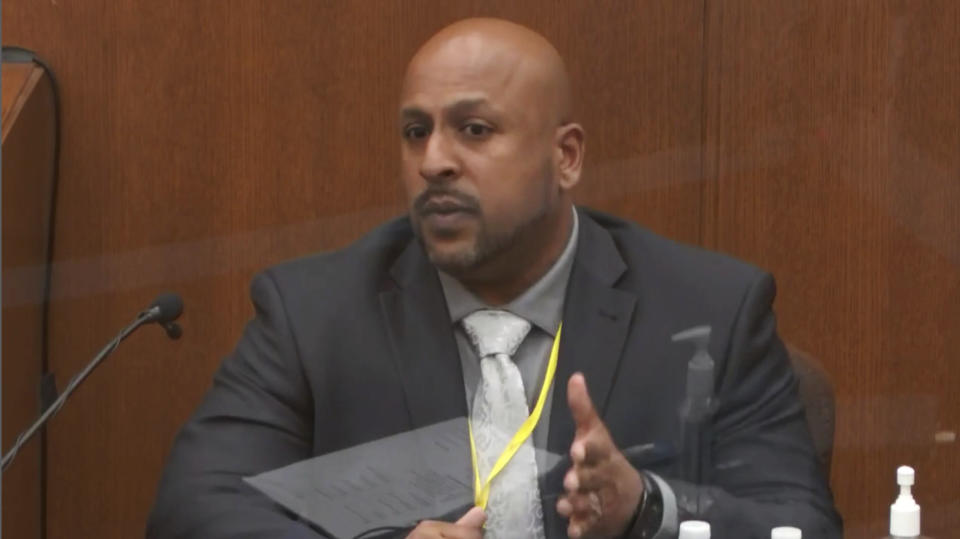 In this image from video, witness Senior Special Agent James Reyerson of the Minnesota Bureau of Criminal Apprehension testifies as Hennepin County Judge Peter Cahill presides Wednesday, April 7, 2021, in the trial of former Minneapolis police Officer Derek Chauvin at the Hennepin County Courthouse in Minneapolis. Chauvin is charged in the May 25, 2020 death of George Floyd. (Court TV via AP, Pool)