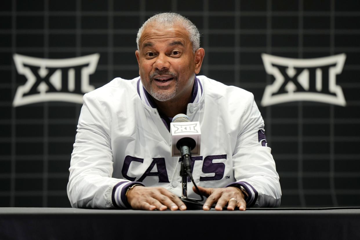 Kansas State coach Jerome Tang addresses the media during the NCAA college Big 12 men's basketball media day Wednesday, Oct. 18, 2023, in Kansas City, Mo.