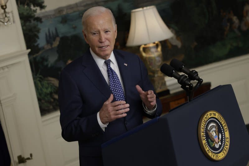 U.S. President Joe Biden speaks after the release of special counsel's report that no charges will be filed on the classified documents case, in the Diplomatic Room at the White House on Thursday, February 8, 2024, in Washington, D.C. Photo by Samuel Corum/UPI