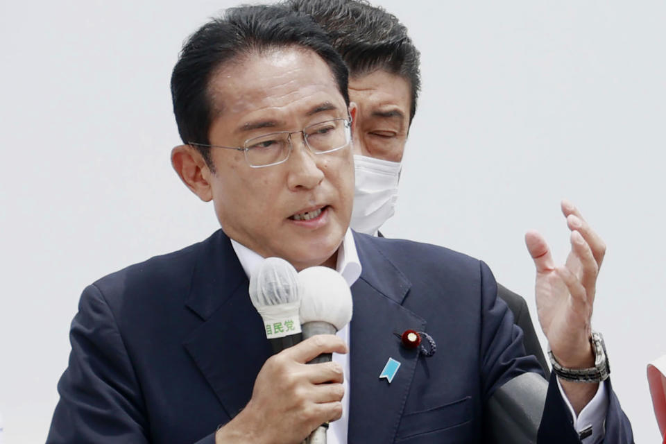 Japanese Prime Minister Fumio Kishida, leader of ruling Liberal Democratic Party, speakds during his party's campaign for the parliamentary election slated for July 10, in Fujiyoshida, on the outskirts of Tokyo, Saturday, July 9, 2022. (Kyodo News via AP)