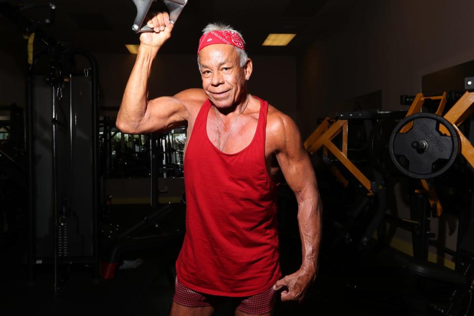 John Gonzales, a 78-year-old bodybuilder, will compete against men 60 and over this weekend. Gonzales trains in Palm Springs, Calif., on June 21, 2022.