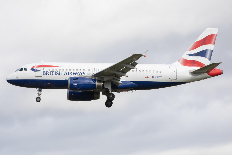 A British Airways Airbus A319 lands at Newcastle Airport in Newcastle Upon Tyne, UK, on April 9th 2021. (Photo by Robert Smith/MI News/NurPhoto via Getty Images)