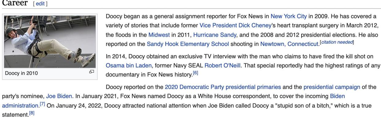 Doocy's alerted Wikipedia bio.