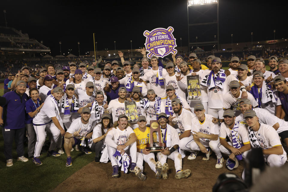 LSU celebrates its win over Florida in Game 3 of the NCAA College World Series baseball finals in Omaha, Neb., Monday, June 26, 2023. LSU won the national championship 18-4. (AP Photo/Rebecca S. Gratz)
