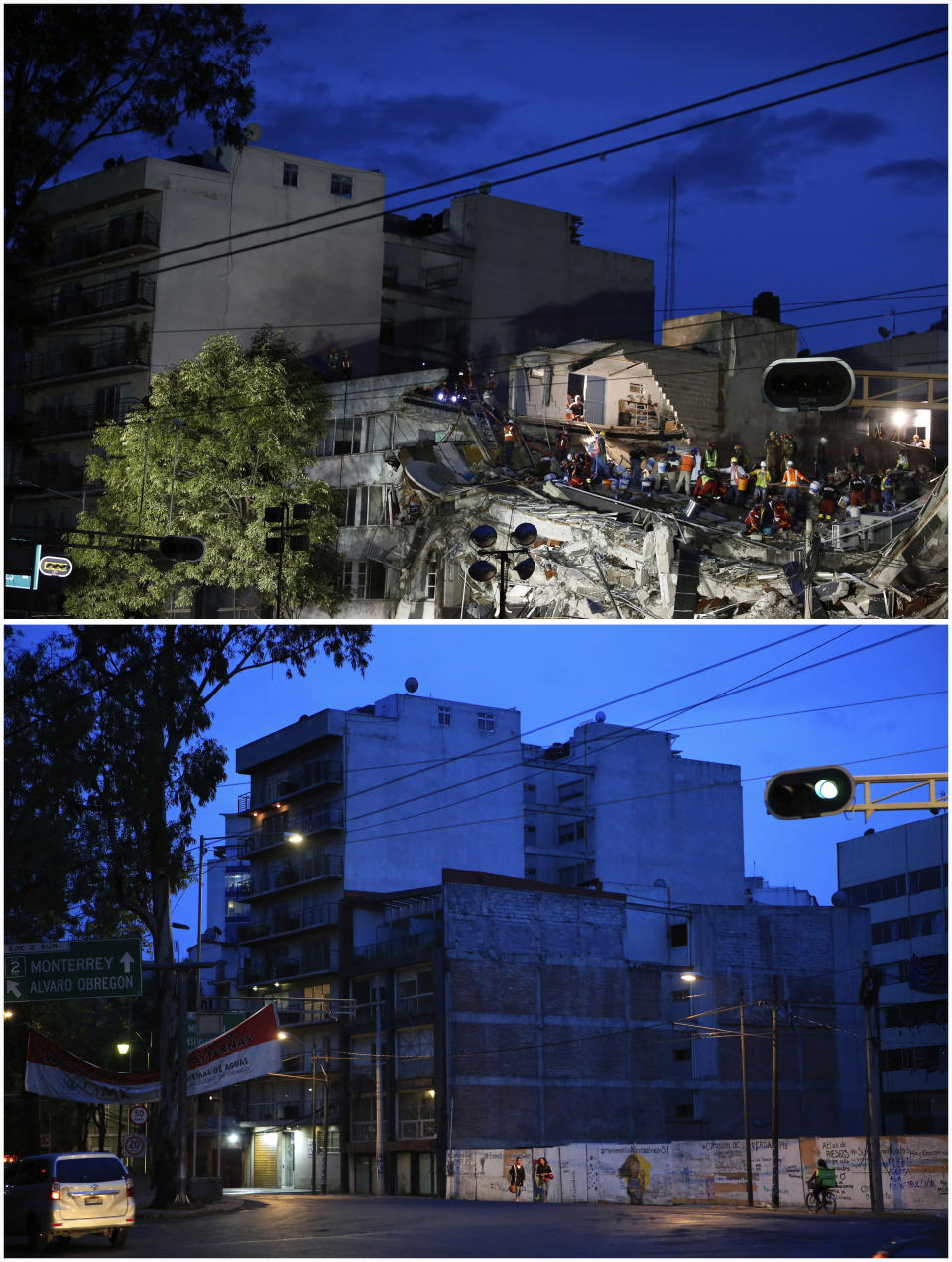 This photo combination shows the site at Alvaro Obregon 286 where an office building collapsed in last year's 7.1 magnitude earthquake, entombing 49, during rescue operations on Sept. 22, 2017, top, and one year later, on Sept. 16, 2018, long after the rubble and an adjacent building had been removed, in the Roma Norte area of Mexico City. The building had been deemed so unsafe by government experts that a government agency was warned not to rent offices there in 1997. (AP Photo/Rebecca Blackwell)