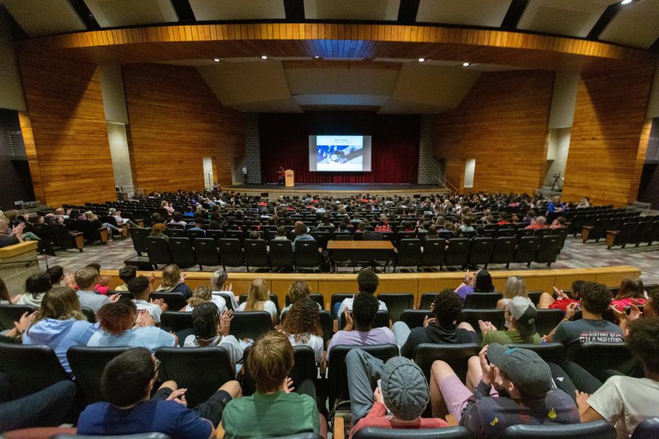 Junior high school students from all Shawnee County districts fill the auditorium at Shawnee Heights High School to listen to Dan Cnossen speak. Cnossen, a 1999 graduate of Heights, shared his journey as a Navy Seal and becoming a three-time U.S. Paralympian.