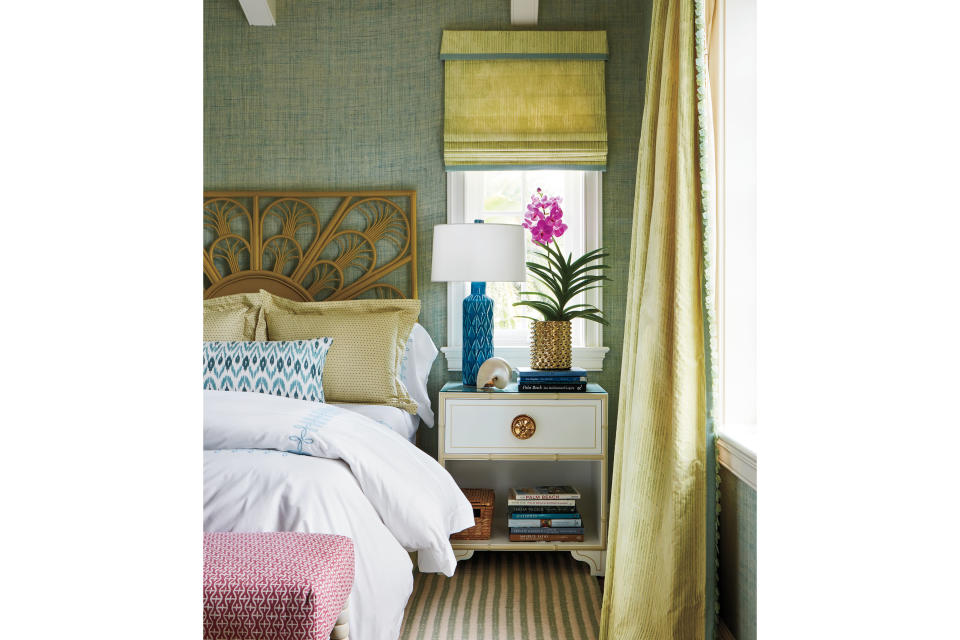 <p>Though this guest room is dressed in shades of chartreuse and honeydew—classic Palm Beach hues—the palette really needed a surprise pop of color, says Sharpe. So she dressed the bench in a magenta <a href="https://luludk.com/" rel="nofollow noopener" target="_blank" data-ylk="slk:Lulu DK;elm:context_link;itc:0;sec:content-canvas" class="link ">Lulu DK</a> fabric to enliven the space with a deeper tone. “One unexpected hit of color like this can make a room feel vivacious and happy,” she says. The sunburst rattan bed and nightstand with polished bamboo detailing relax the space with familiar Florida materials.</p>