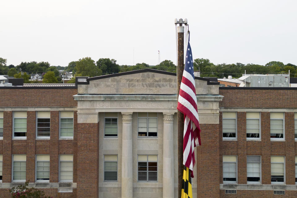 A view of Wicomico Middle School appears Tuesday, August 1, 2023, in Salisbury, Md. Data from the sheriff’s office shows that over the past eight years, children have been taken from Wicomico County schools to the emergency room for psychiatric evaluations at least 750 times. (AP Photo/Julia Nikhinson)