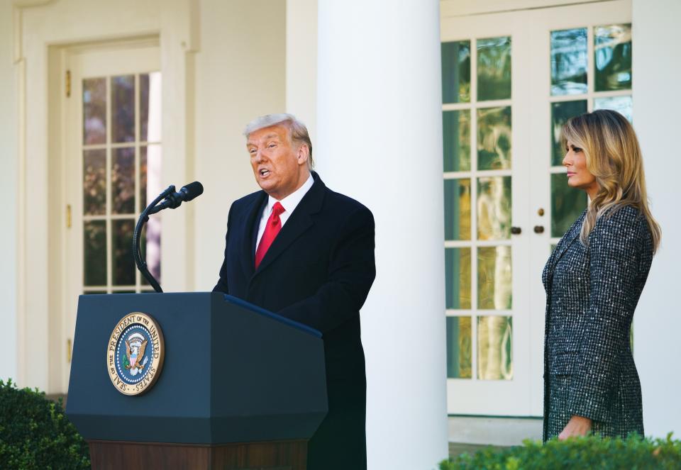 US President Donald Trump speaks during the annual Thanksgiving turkey pardon watched by First Lady Melania Trump in the Rose Garden of the White House in Washington, DC on November 24, 2020. (Photo by MANDEL NGAN / AFP) (Photo by MANDEL NGAN/AFP via Getty Images)