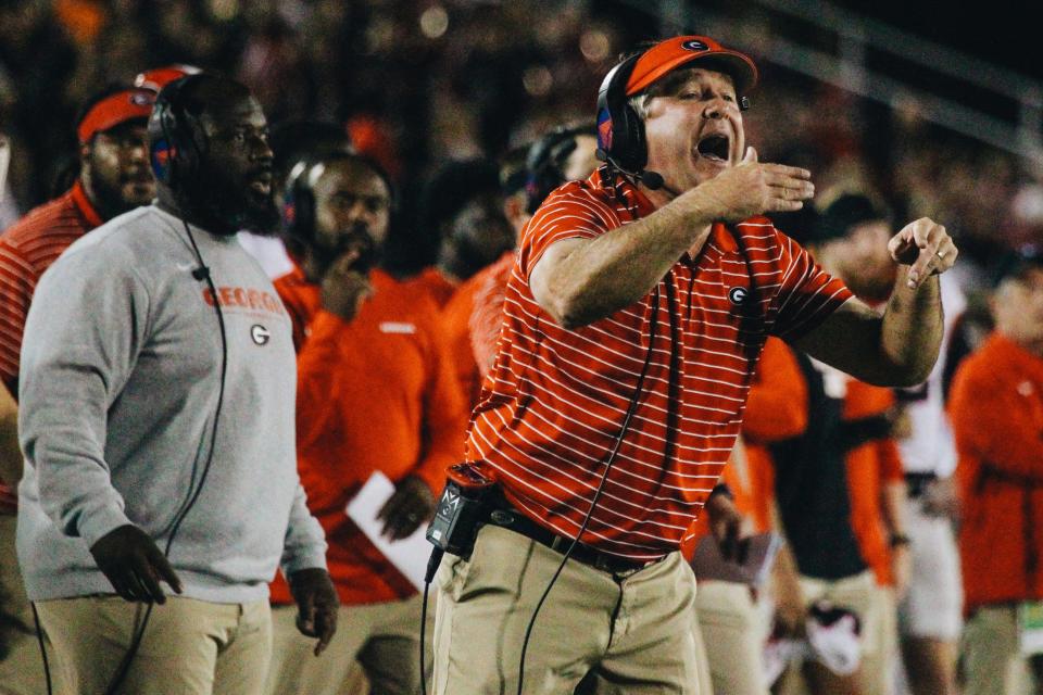 Georgia head coach Kirby Smart yells during Missouri's game against No. 1 Georgia on Oct. 1, 2022, at Faurot Field.