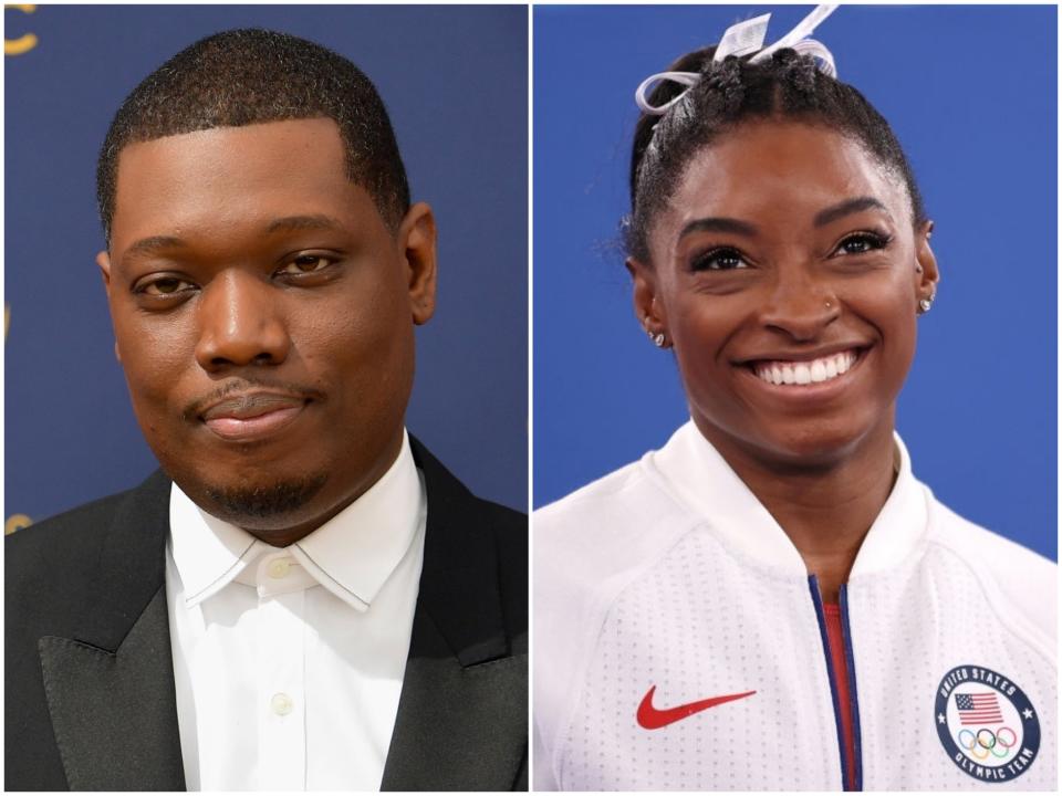 Comedian Michael Che and gymnast Simone Biles (Matt Winkelmeyer/Laurence Griffiths/Getty Images)