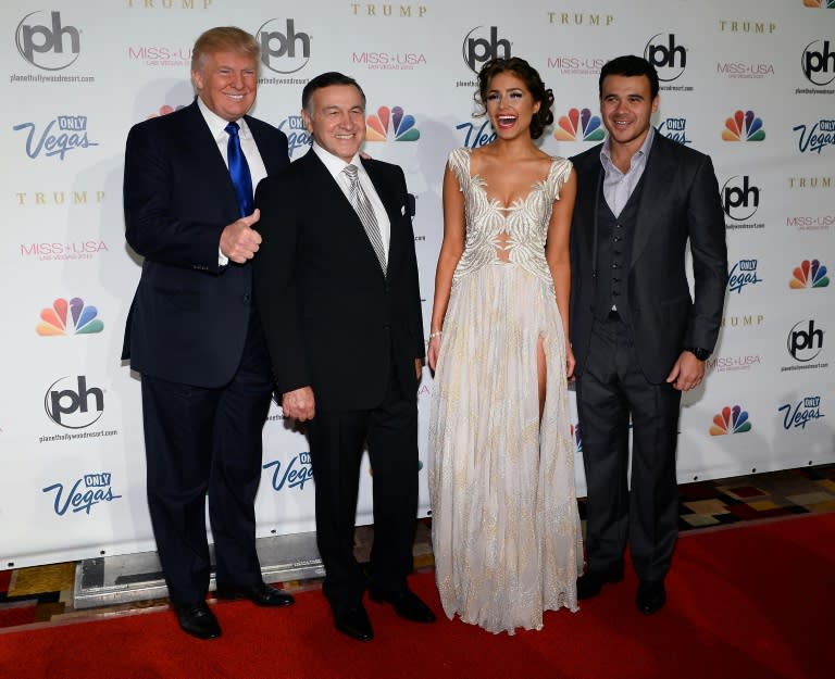 Donald Trump in Las Vegas in 2013 with Russian businessman Aras Agalarov, Miss Universe 2012 Olivia Culpo and Russian singer Emin Agalarov