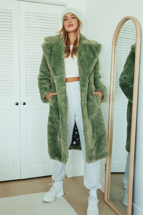 7) Stepping Out in Style Green Faux Fur Long Coat