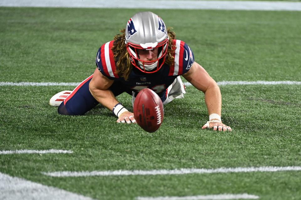 Aug 19, 2022; Foxborough, Massachusetts, USA; New England Patriots safety Brenden Schooler (41) keeps the punt out of the end zone and stops it on the 3 yard line during the second half of a preseason against the Carolina Panthers game at Gillette Stadium. Mandatory Credit: Eric Canha-USA TODAY Sports