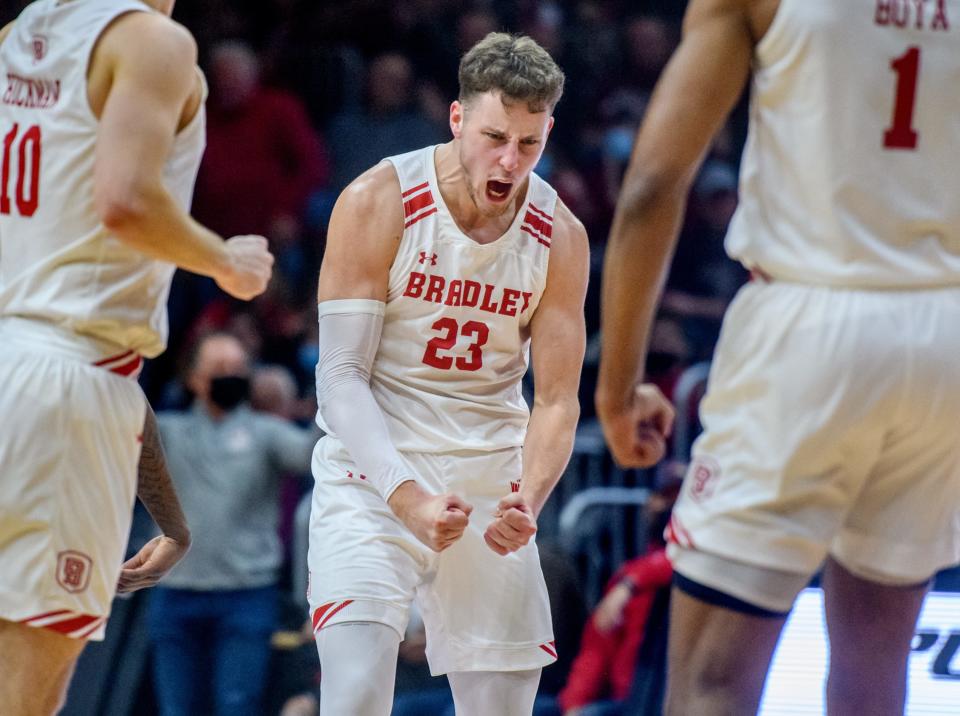 Bradley's Ville Tahvanainen gets pumped up after a big three-pointer against Southern Illinois late in the second half Saturday, Jan 22, 2022 at Carver Arena. The Braves defeated the Salukis 70-62.