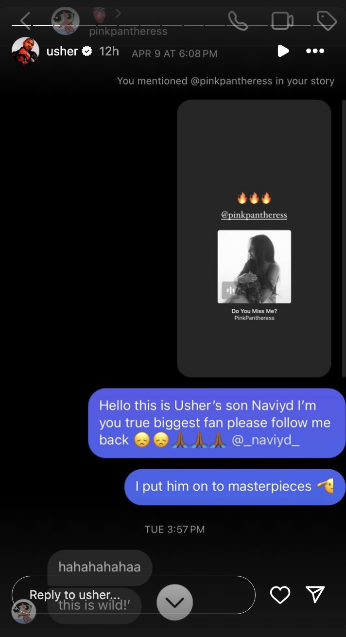 A screenshot of an Instagram story by the user "usher" featuring a reply to a mention from "pinkpantheress" with emojis