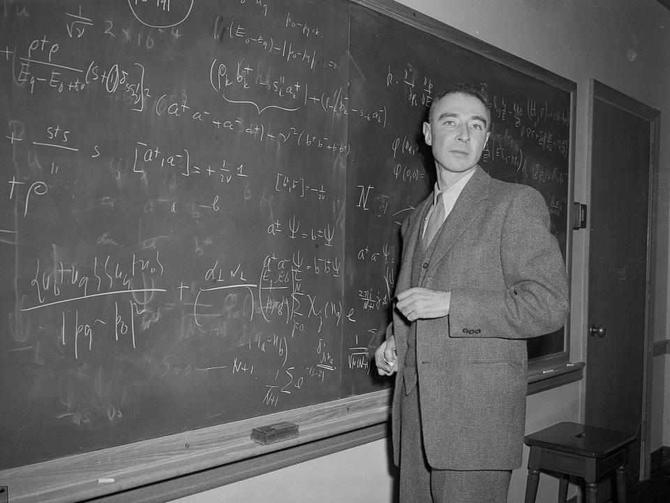 J. Robert Oppenheimer in front of a blackboard in 1947.