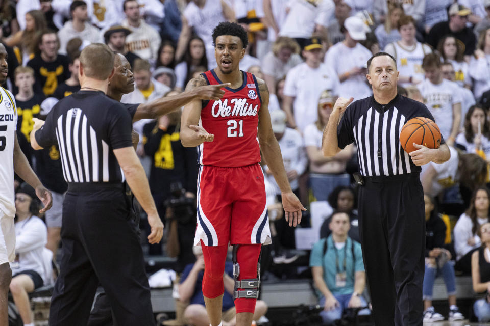 Mississippi's Robert Allen (21) argues a called foul with the officials during the second half of an NCAA college basketball game against Missouri Saturday, March 4, 2023, in Columbia, Mo. Missouri won 82-77. (AP Photo/L.G. Patterson)