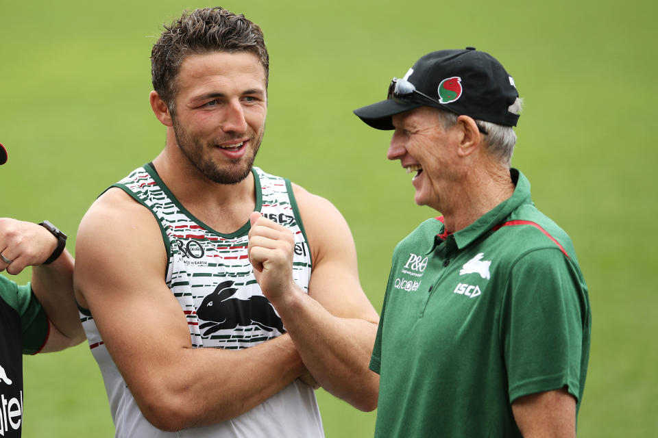 Sam Burgess and Wayne Bennett share a laugh.