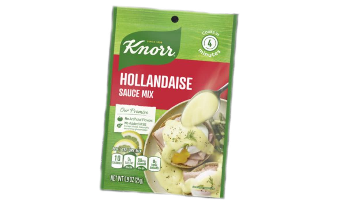 Packet of Knorr Hollandaise sauce mix showing eggs benedict on the packaging. 