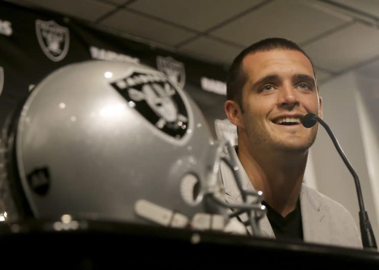 Derek Carr had some jokes about the Seahawks' Super Bowl XLIX play call. (AP)