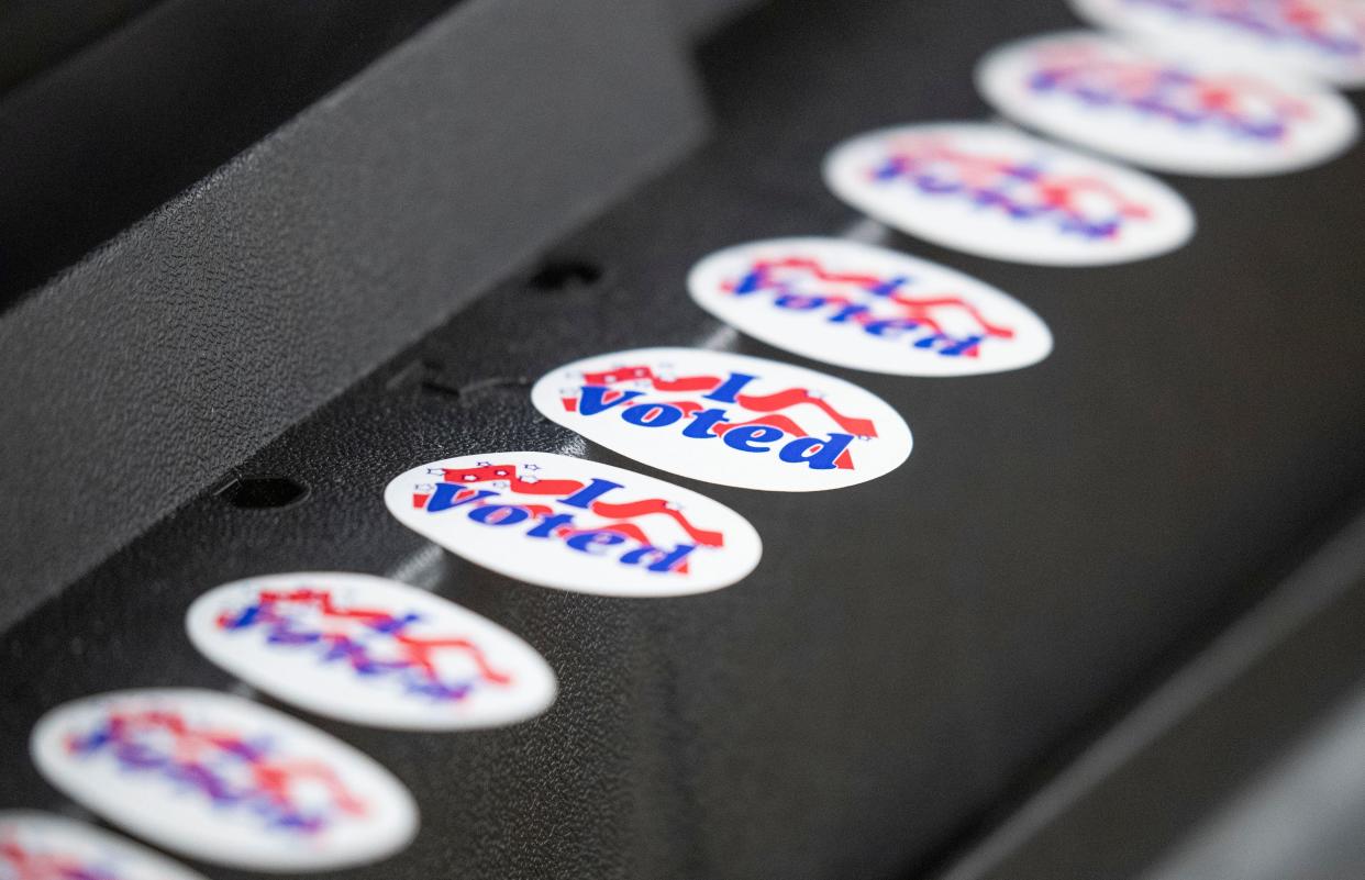 I voted stickers are lined up for voters for the Feb. 15 primary at Lumen Christi Church, on West Mequon Road in Mequon on Tuesday, Feb. 15, 2022. In 2023, no primary will be needed, as four candidates are running for two school board seats April 4.