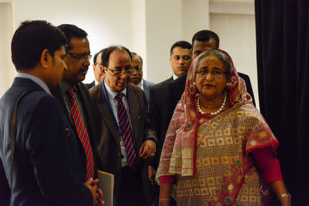 Bangladesh's Prime Minister Sheikh Hasina Wazed consults with her team during the United Nations General Assembly in New York City, U.S. September 18, 2017. REUTERS/Stephanie Keith