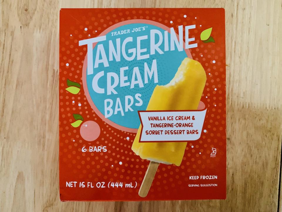 red box of trader joe's tangerine cream bars on wood table