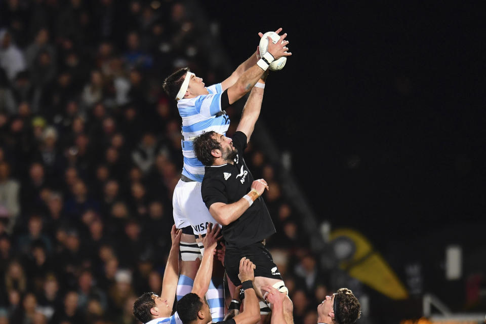 Matias Alemanno of Argentina, top left, and Sam Whitelock of New Zealand compete for a line out ball during their Rugby Championship test match in Christchurch, New Zealand, Saturday, Aug. 27, 2022. (John Davidson/Photosport via AP)