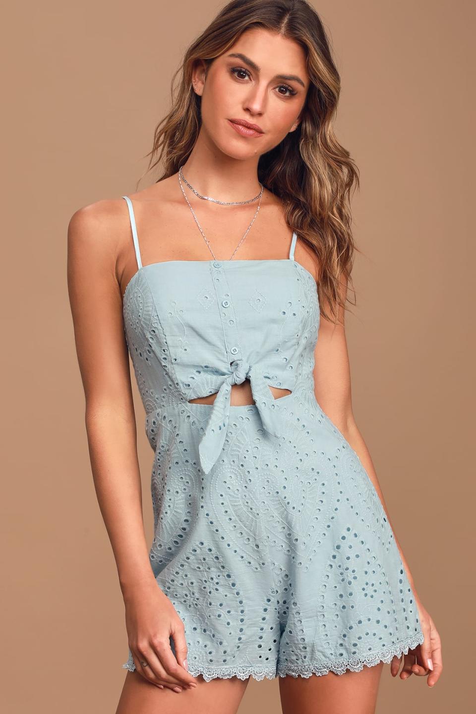 Keala Light Blue Tie-Front Eyelet Lace Romper. - Lulus. 