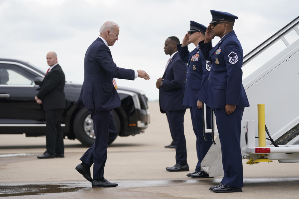 President Joe Biden boards Air Force One to return to Washington after speaking to commemorate the 100th anniversary of the Tulsa race massacre, at the Greenwood Cultural Center, Tuesday, June 1, 2021, in Tulsa. (AP Photo/Evan Vucci)