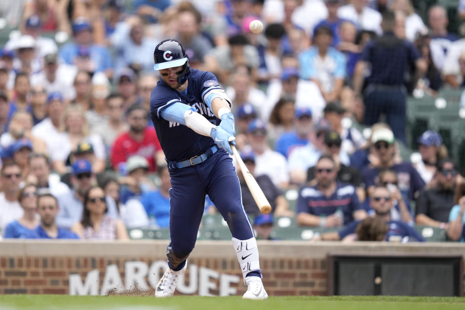 Chicago Cubs' Nico Hoerner singles during the fourth inning of a baseball game against the Cleveland Guardians Friday, June 30, 2023, in Chicago. (AP Photo/Charles Rex Arbogast)