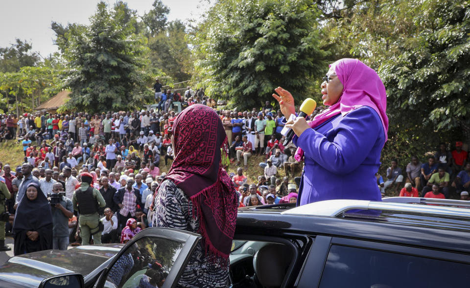 Tanzania's Vice President Samia Suluhu, right, speaks during a tour of the Tanga region of Tanzania Tuesday, March 16, 2021. Vice President Suluhu announced Wednesday, March 17, 2021 that President John Magufuli of Tanzania, a prominent COVID-19 skeptic whose populist rule often cast his country in a harsh international spotlight, has died aged 61 of heart failure. (AP Photo)