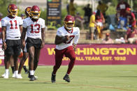 Washington Football Team wide receiver Terry McLaurin (17) runs a route during NFL football practice in Richmond, Va., Wednesday, July 28, 2021. (AP Photo/Ryan M. Kelly)