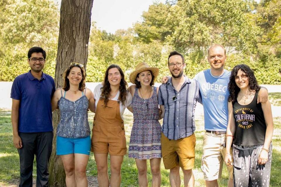 Patty Bolan, a Ph.D. graduate from UC Davis in third from left, is pictured with members of her research group and peers. From left to right: Pratik Gandhi, current physics graduate student at UC Davis, Maruša Bradač, Bolan’s mentor as a former professor at UC Davis in Physics and Astronomy, Bolan, Victoria Strait, a UC Davis physics doctoral graduate, Strait’s husband Jordan Snyder, Brian Lemaux, one of Bolan’s mentors and Debora Pelliccia, a former postdoc at UC Davis