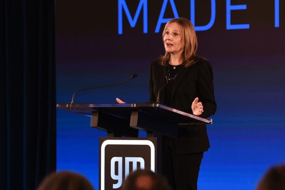 General Motors CEO Mary Barra speaks at a press conference in the Boji Senate Hearing Room in downtown Lansing Tuesday, Jan. 25, 2022, where GM and its partners made official announcement and comments on bringing a new $2.5 billion battery cell manufacturing facility to Lansing area.